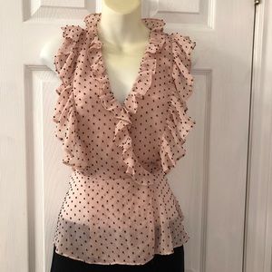 Belle Vere ruffled peplum blouse with embroidered polka dots, light pink, small